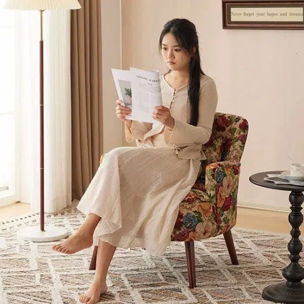 Traditional Vintage Rectangular Back High Elasticity Sponge Cotton Linen Solid Wood Accent Chair Backrest Armrest For Living Room - Image 14