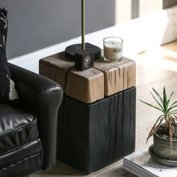 Contemporary Japanese Cuboid Crack Design Solid Wood End Table For Living Room - Image 5