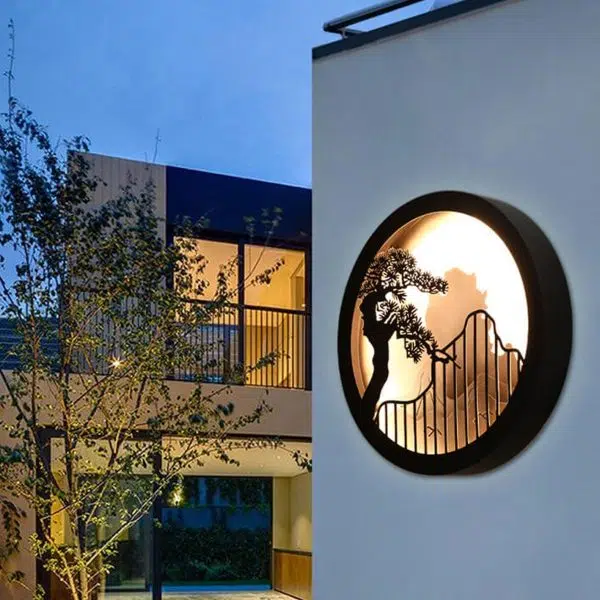Modern Chinese Landscape Pine Zen Round LED Outdoor Wall Sconce Lamp - Image 19
