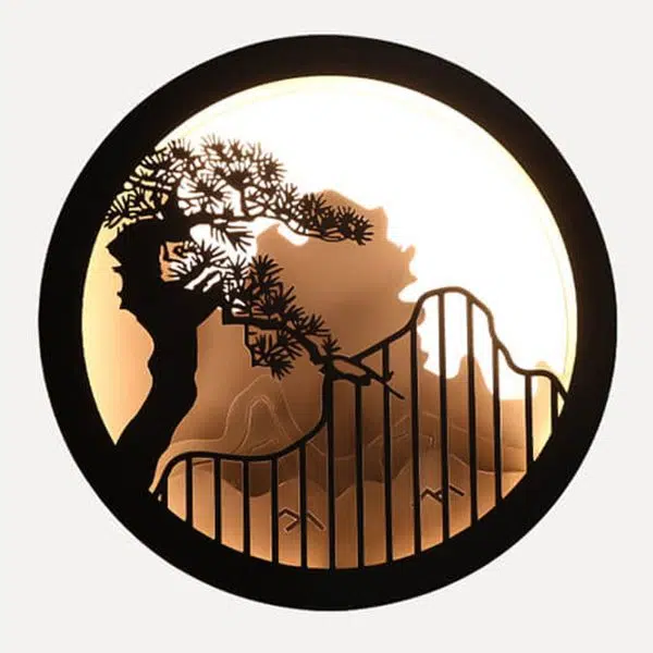 Modern Chinese Landscape Pine Zen Round LED Outdoor Wall Sconce Lamp - Image 3