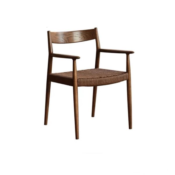 Contemporary Nordic Wood & Rope Square Dining Chair With Armrest & Backrest For Dining Room - Image 15