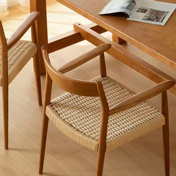Contemporary Nordic Wood & Rope Square Dining Chair With Armrest & Backrest For Dining Room - Image 22