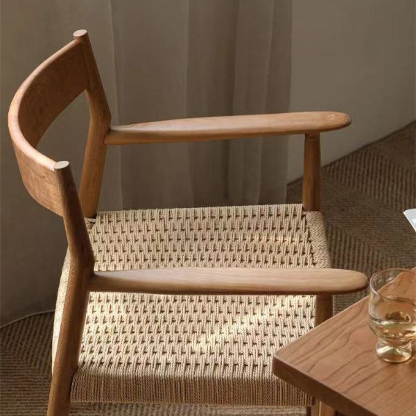 Contemporary Nordic Wood & Rope Square Dining Chair With Armrest & Backrest For Dining Room - Image 8