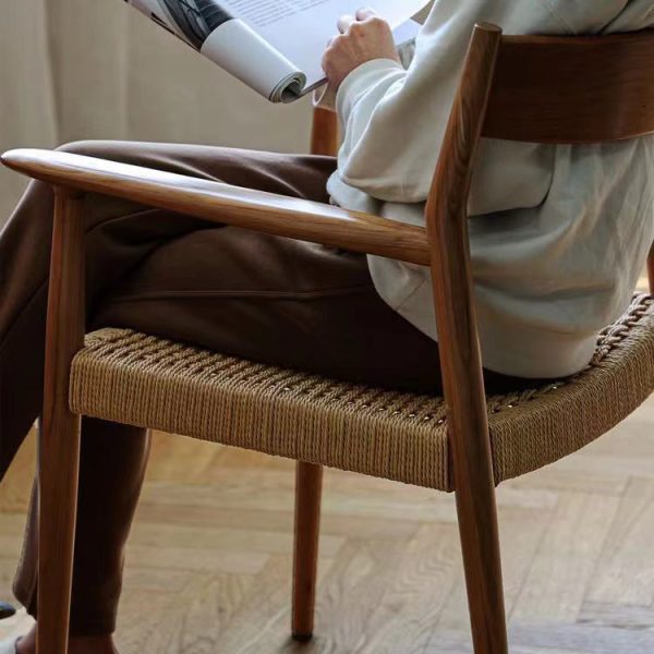 Contemporary Nordic Wood & Rope Square Dining Chair With Armrest & Backrest For Dining Room - Image 9
