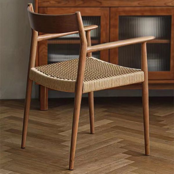 Contemporary Nordic Wood & Rope Square Dining Chair With Armrest & Backrest For Dining Room - Image 10