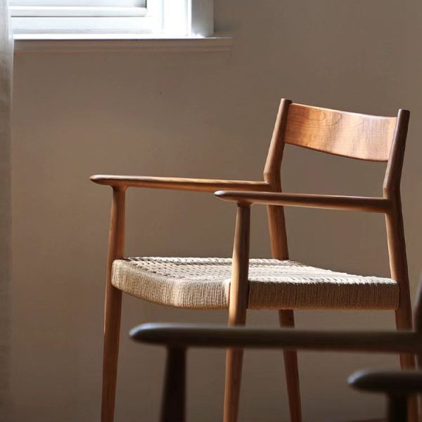 Contemporary Nordic Wood & Rope Square Dining Chair With Armrest & Backrest For Dining Room - Image 24