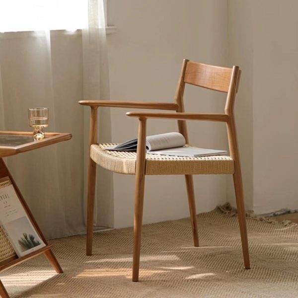 Contemporary Nordic Wood & Rope Square Dining Chair With Armrest & Backrest For Dining Room - Image 25