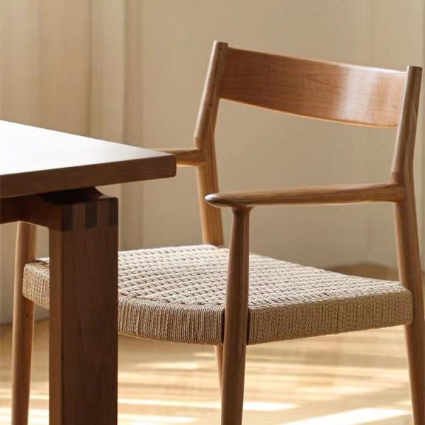 Contemporary Nordic Wood & Rope Square Dining Chair With Armrest & Backrest For Dining Room - Image 14