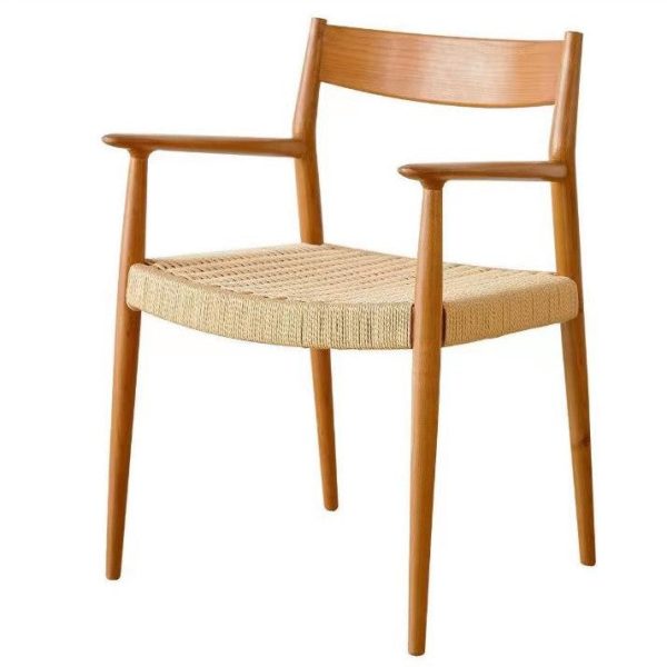 Contemporary Nordic Wood & Rope Square Dining Chair With Armrest & Backrest For Dining Room - Image 16