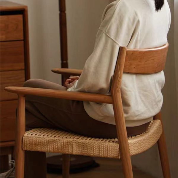 Contemporary Nordic Wood & Rope Square Dining Chair With Armrest & Backrest For Dining Room - Image 7