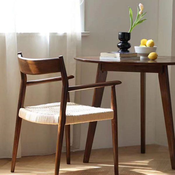 Contemporary Nordic Wood & Rope Square Dining Chair With Armrest & Backrest For Dining Room - Image 29