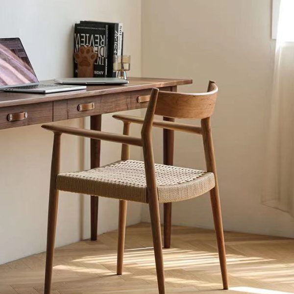 Contemporary Nordic Wood & Rope Square Dining Chair With Armrest & Backrest For Dining Room - Image 30