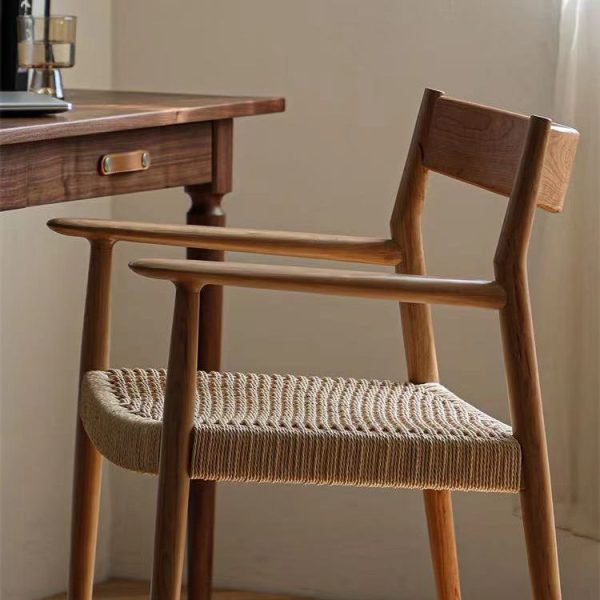 Contemporary Nordic Wood & Rope Square Dining Chair With Armrest & Backrest For Dining Room - Image 31