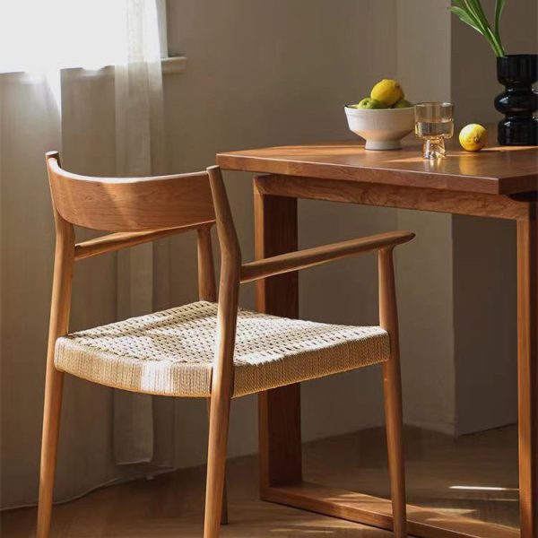 Contemporary Nordic Wood & Rope Square Dining Chair With Armrest & Backrest For Dining Room - Image 3
