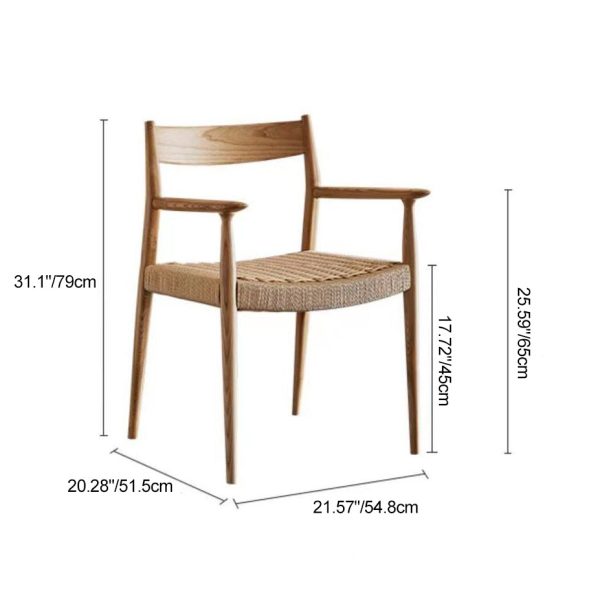 Contemporary Nordic Wood & Rope Square Dining Chair With Armrest & Backrest For Dining Room - Image 4