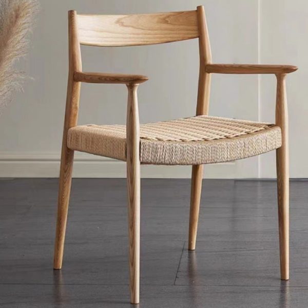 Contemporary Nordic Wood & Rope Square Dining Chair With Armrest & Backrest For Dining Room - Image 11