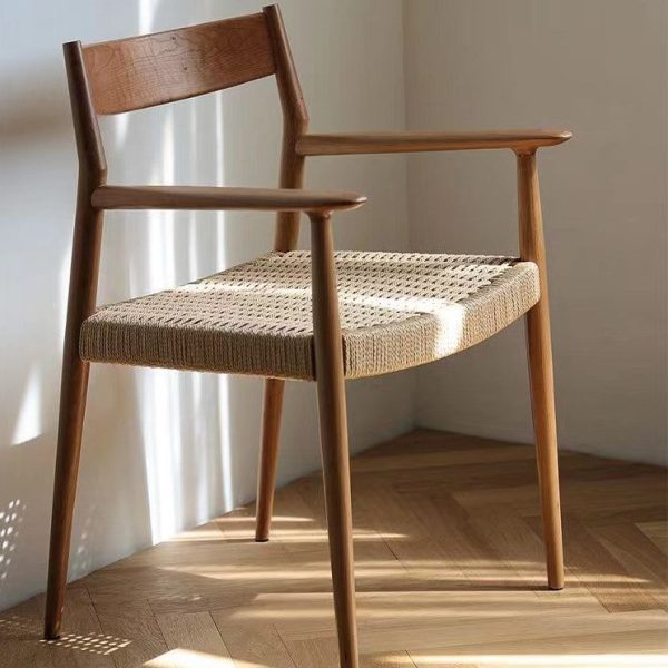 Contemporary Nordic Wood & Rope Square Dining Chair With Armrest & Backrest For Dining Room - Image 12