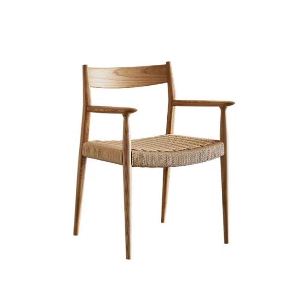 Contemporary Nordic Wood & Rope Square Dining Chair With Armrest & Backrest For Dining Room - Image 17