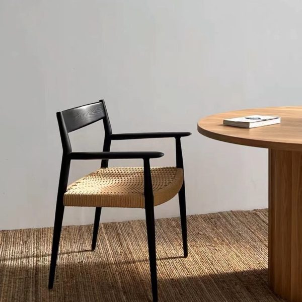 Contemporary Nordic Wood & Rope Square Dining Chair With Armrest & Backrest For Dining Room - Image 2