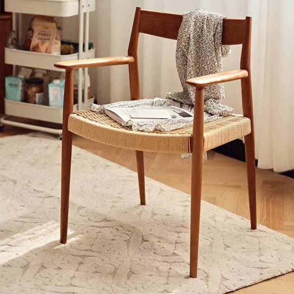 Contemporary Nordic Wood & Rope Square Dining Chair With Armrest & Backrest For Dining Room - Image 18