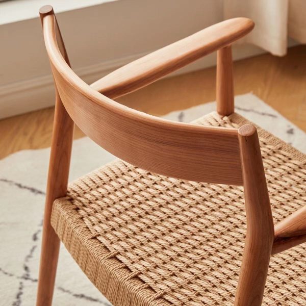 Contemporary Nordic Wood & Rope Square Dining Chair With Armrest & Backrest For Dining Room - Image 6