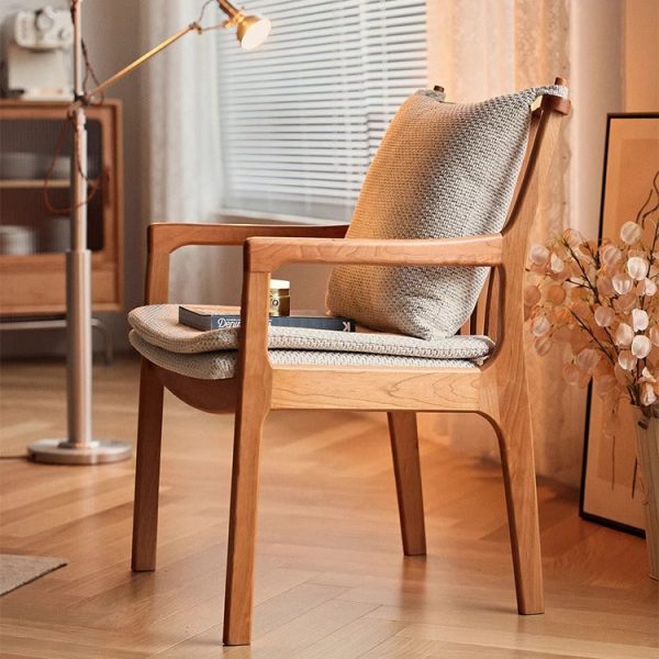 Contemporary Nordic Solid Wood Fabric Square Dining Chair With Backrest & Armrests For Living Room And Dining Room - Image 2