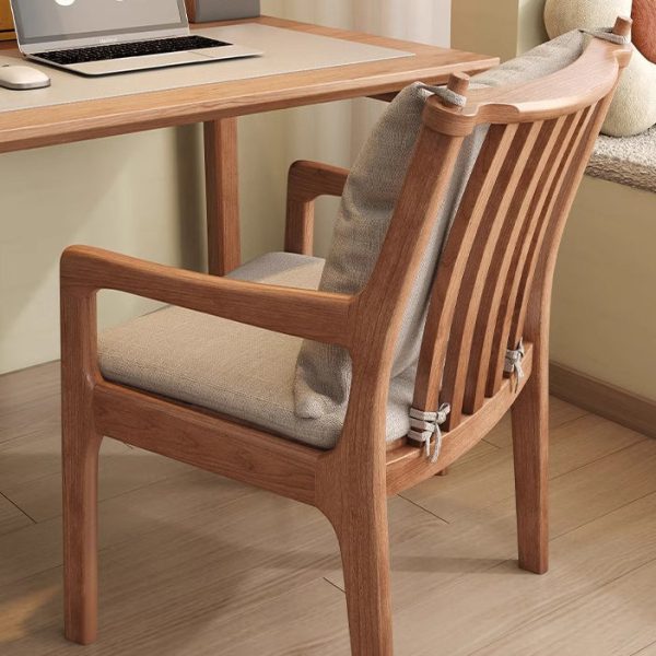 Contemporary Nordic Solid Wood Fabric Square Dining Chair With Backrest & Armrests For Living Room And Dining Room - Image 6