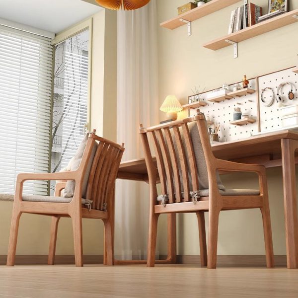 Contemporary Nordic Solid Wood Fabric Square Dining Chair With Backrest & Armrests For Living Room And Dining Room - Image 13