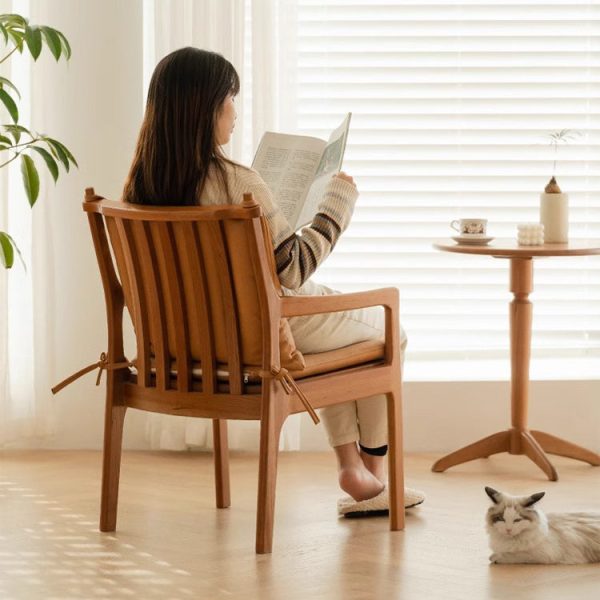 Contemporary Nordic Solid Wood Fabric Square Dining Chair With Backrest & Armrests For Living Room And Dining Room - Image 15