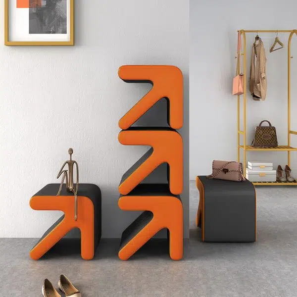 Contemporary Creative Leather & Wood Arrow-Shaped Stackable Footstool For Living Room & Entryway - Image 16