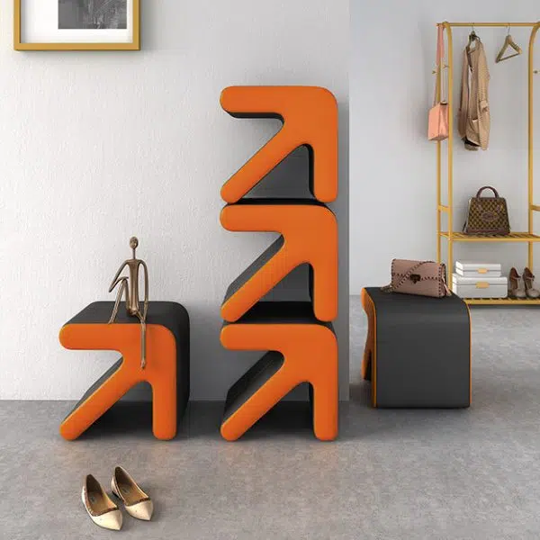 Contemporary Creative Leather & Wood Arrow-Shaped Stackable Footstool For Living Room & Entryway - Image 3