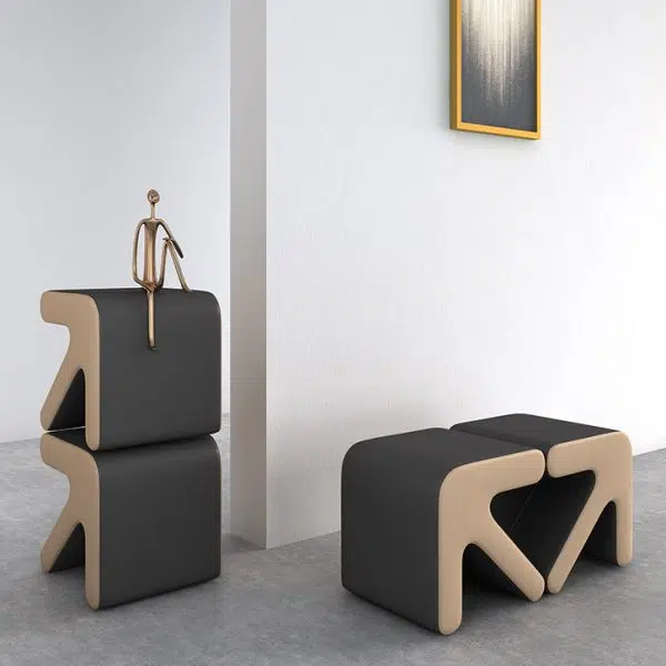 Contemporary Creative Leather & Wood Arrow-Shaped Stackable Footstool For Living Room & Entryway - Image 4