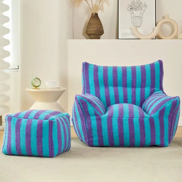 Contemporary Scandinavian Teddy Fleece EPS Striped Square Lazy Sofa Footrest Backrest Armrest For Living Room And Bedroom - Image 4