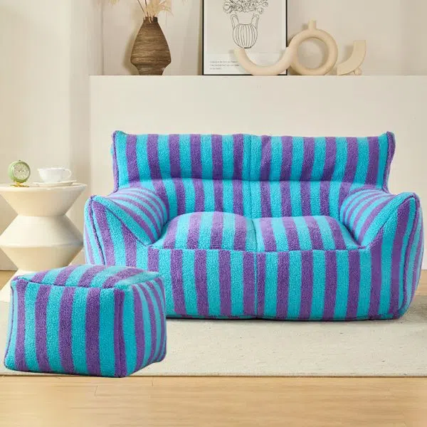 Contemporary Scandinavian Teddy Fleece EPS Striped Square Lazy Sofa Footrest Backrest Armrest For Living Room And Bedroom - Image 19