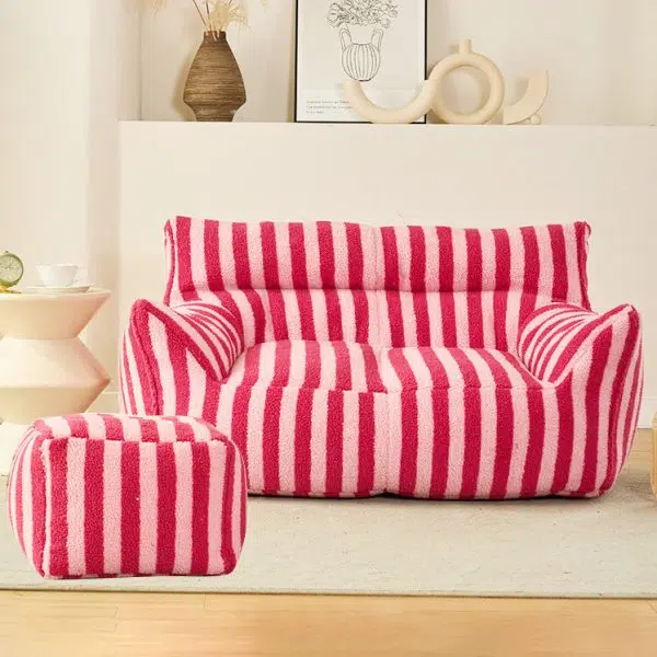 Contemporary Scandinavian Teddy Fleece EPS Striped Square Lazy Sofa Footrest Backrest Armrest For Living Room And Bedroom - Image 3