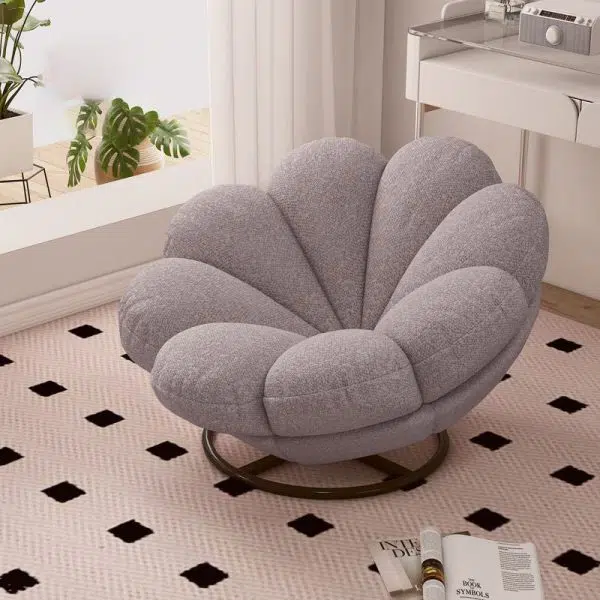 Contemporary Nordic Lambswool Carbon Steel Petal-Shaped Swivel Lounge Chair With Backrest & Footrest For Living Room & Bedroom - Image 4