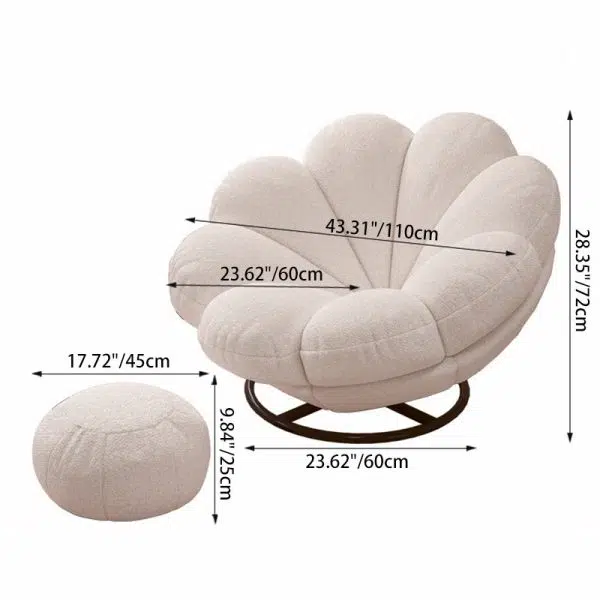 Contemporary Nordic Lambswool Carbon Steel Petal-Shaped Swivel Lounge Chair With Backrest & Footrest For Living Room & Bedroom - Image 7