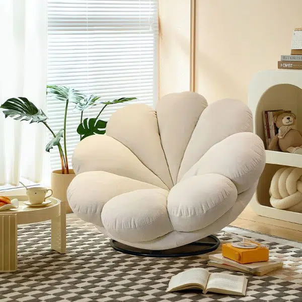 Contemporary Nordic Lambswool Carbon Steel Petal-Shaped Swivel Lounge Chair With Backrest & Footrest For Living Room & Bedroom - Image 11