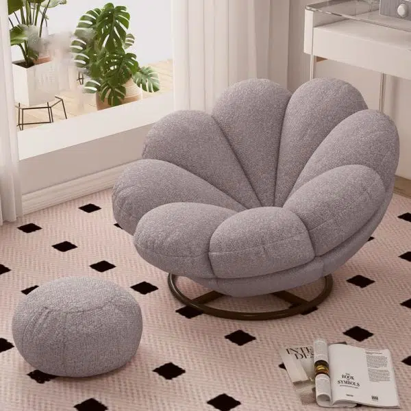 Contemporary Nordic Lambswool Carbon Steel Petal-Shaped Swivel Lounge Chair With Backrest & Footrest For Living Room & Bedroom - Image 2