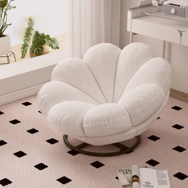 Contemporary Nordic Lambswool Carbon Steel Petal-Shaped Swivel Lounge Chair With Backrest & Footrest For Living Room & Bedroom - Image 5