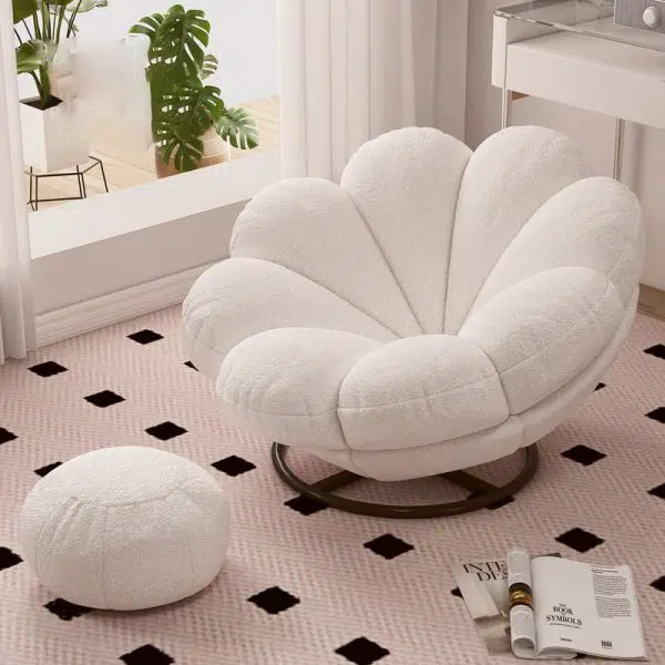 Contemporary Nordic Lambswool Carbon Steel Petal-Shaped Swivel Lounge Chair With Backrest & Footrest For Living Room & Bedroom - Image 3