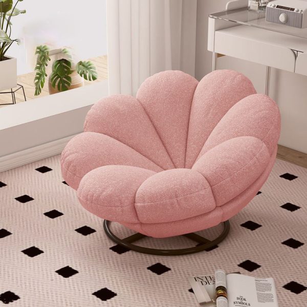 Contemporary Nordic Lambswool Carbon Steel Petal-Shaped Swivel Lounge Chair With Backrest & Footrest For Living Room & Bedroom - Image 6