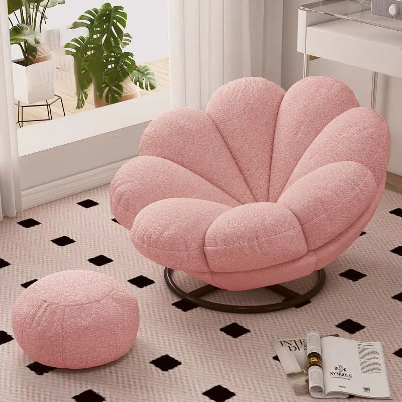 BS-Chair-BX02994-6.jpg Contemporary Nordic Lambswool Carbon Steel Petal-Shaped Swivel Lounge Chair With Backrest & Footrest For Living Room & Bedroom - Image 1