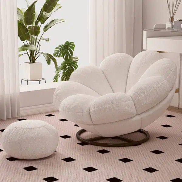 Contemporary Nordic Lambswool Carbon Steel Petal-Shaped Swivel Lounge Chair With Backrest & Footrest For Living Room & Bedroom - Image 10