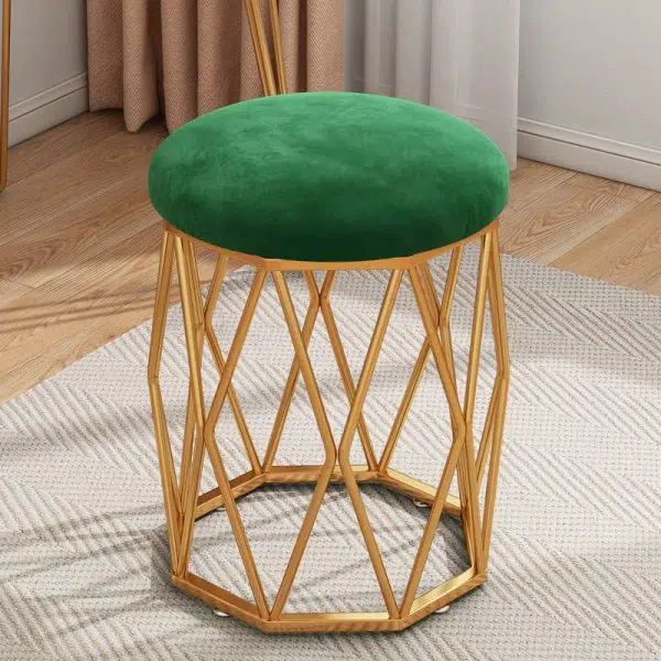 Contemporary Nordic Iron Velvet & Tech Fabric Round Vanity Stool With Diamond Legs For Bedroom - Image 8