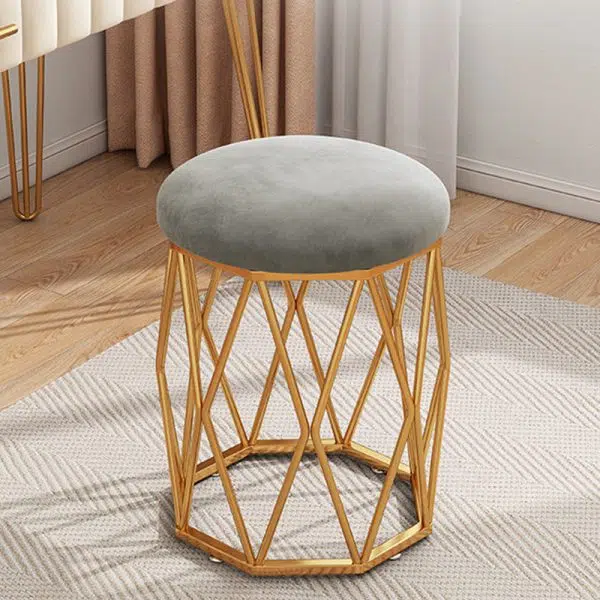 Contemporary Nordic Iron Velvet & Tech Fabric Round Vanity Stool With Diamond Legs For Bedroom - Image 12