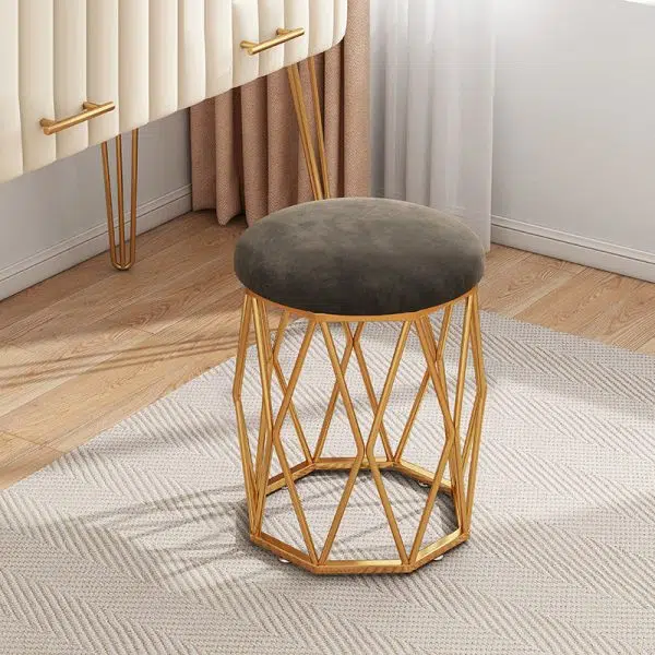 Contemporary Nordic Iron Velvet & Tech Fabric Round Vanity Stool With Diamond Legs For Bedroom - Image 2