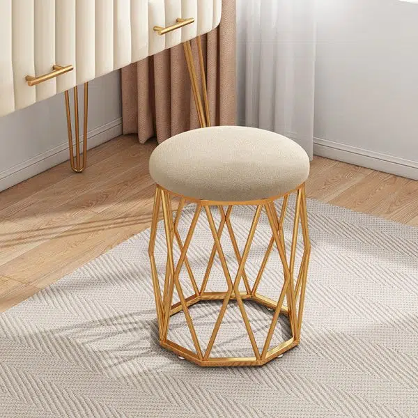 Contemporary Nordic Iron Velvet & Tech Fabric Round Vanity Stool With Diamond Legs For Bedroom - Image 3