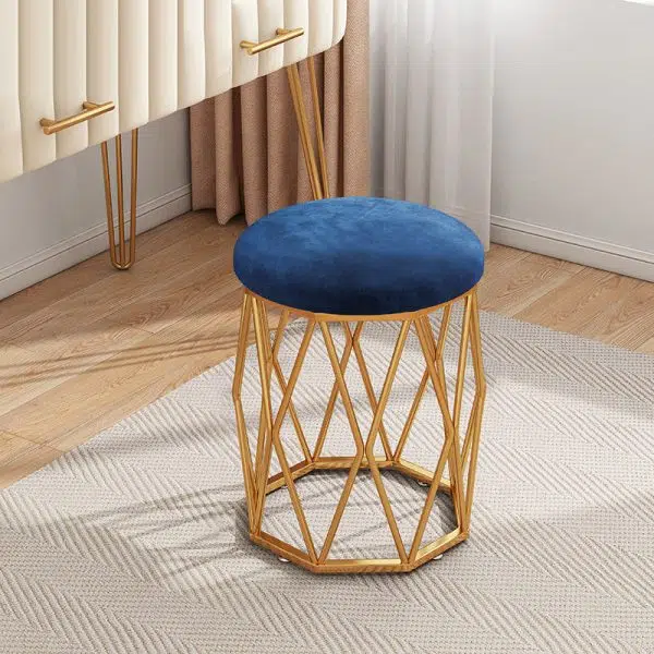 Contemporary Nordic Iron Velvet & Tech Fabric Round Vanity Stool With Diamond Legs For Bedroom - Image 4