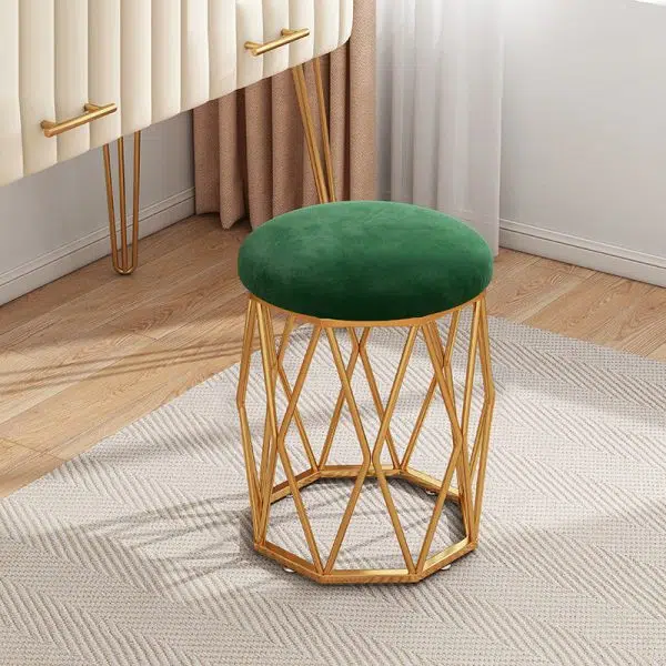 Contemporary Nordic Iron Velvet & Tech Fabric Round Vanity Stool With Diamond Legs For Bedroom - Image 5